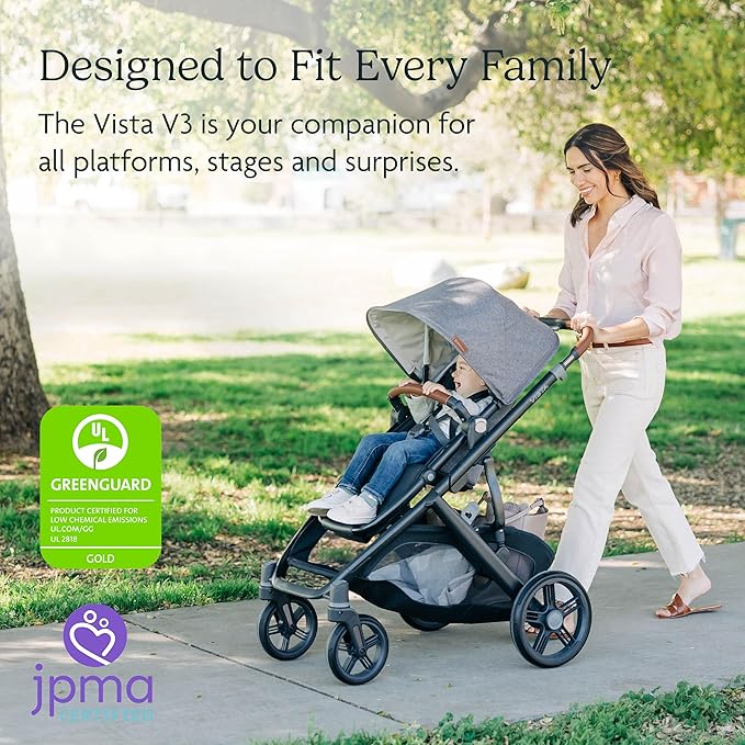 UPPAbaby Vista V3 Stroller - Full-Size Single-to-Double Stroller System - Toddler Seat, Bug Shield, Rain Shield, and Storage Bag Included - Greyson (Charcoal Mélange/Carbon Frame/Saddle Leather)