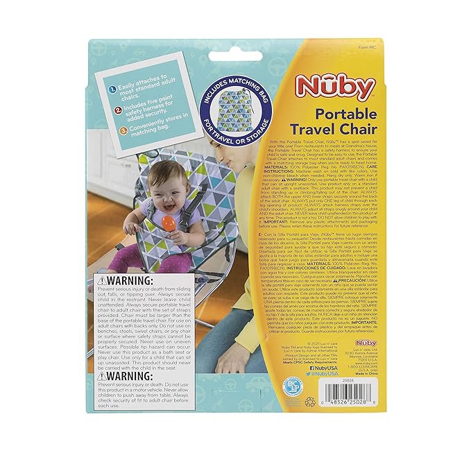Nuby On The Go Toddler Portable Travel Chair for Babies and Toddlers - 5 Point Safety Adjustable Straps - 6+ Months - Folds into a Storage Bag, Brush Strokes