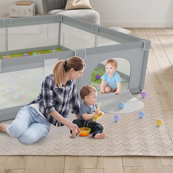 LUTIKAING 79"x71" Baby Playpen with Mat, Safe Playpen, Play Pen for Babies and Toddlers, Large Play Yard, Zipper Gate, Anti-Slip Suckers, Ideal Baby Gate Playpen for Toddlers 1-3