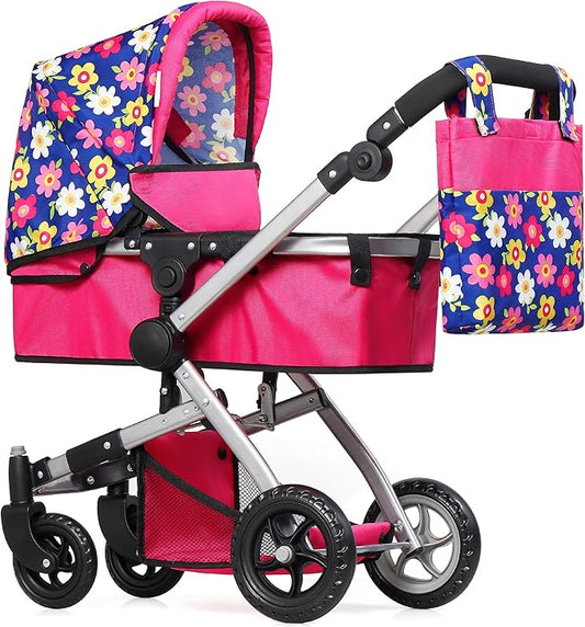 Fash N Kolor | Foldable Pram for Baby Doll with Flower Design with Swiveling Wheel Adjustable Handle Bassinet Stroller with Baby Doll, Convertible Seat