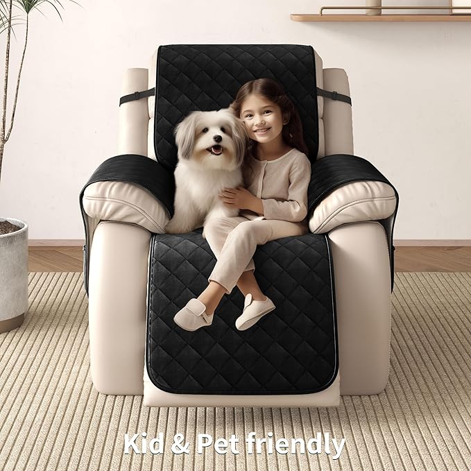 CHUN YI Recliner Chair Cover, Non-Slip Recliner Covers That Stay in Place, Washable Lazy Boy Recliner Covers with Pockets, Water Resistant Recliner Slipcover for Pets (Black, Small Recliner)