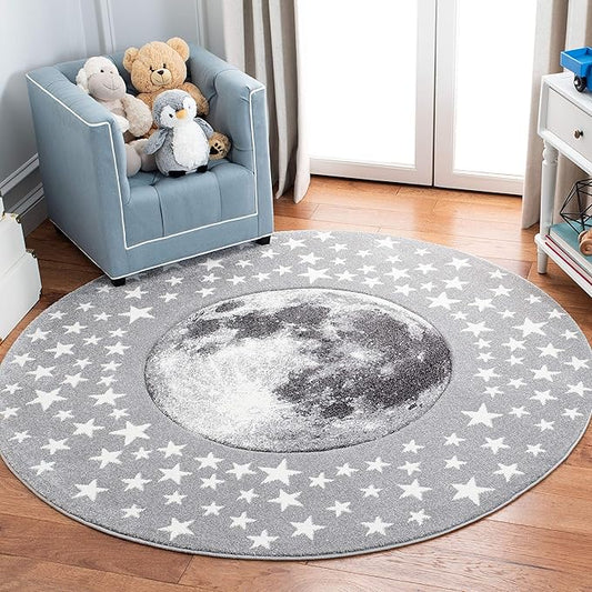 SAFAVIEH Carousel Kids Collection Area Rug - 3' Round, Light Grey & White, Non-Shedding & Easy Care, Ideal for High Traffic Areas for Boys & Girls in Playroom, Nursery, Bedroom (CRK135F)