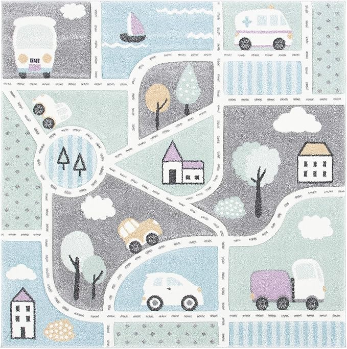 SAFAVIEH Carousel Kids Collection Area Rug - 8' Square, Grey & Light Blue, Non-Shedding & Easy Care, Ideal for High Traffic Areas for Boys & Girls in Playroom, Nursery, Bedroom (CRK193F)