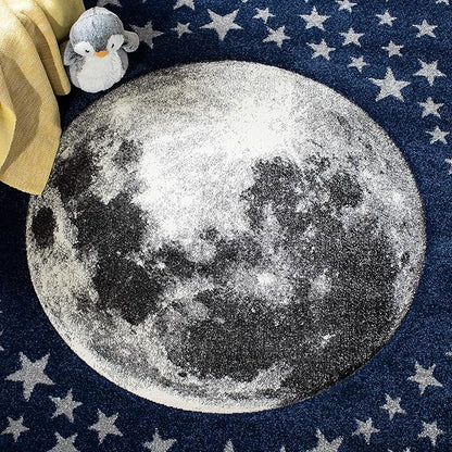 SAFAVIEH Carousel Kids Collection Area Rug - 5'3" Square, Navy & Grey, Non-Shedding & Easy Care, Ideal for High Traffic Areas for Boys & Girls in Playroom, Nursery, Bedroom (CRK135N)