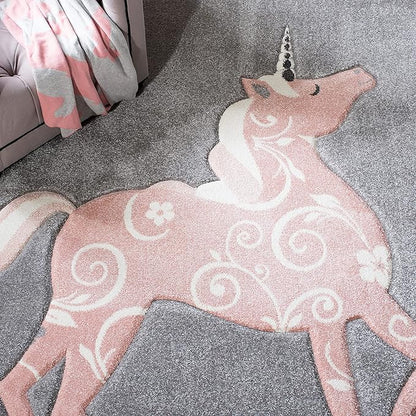 SAFAVIEH Carousel Kids Collection 3' Square Grey/Pink CRK163F Unicorn Non-Shedding Playroom Nursery Bedroom Area Rug