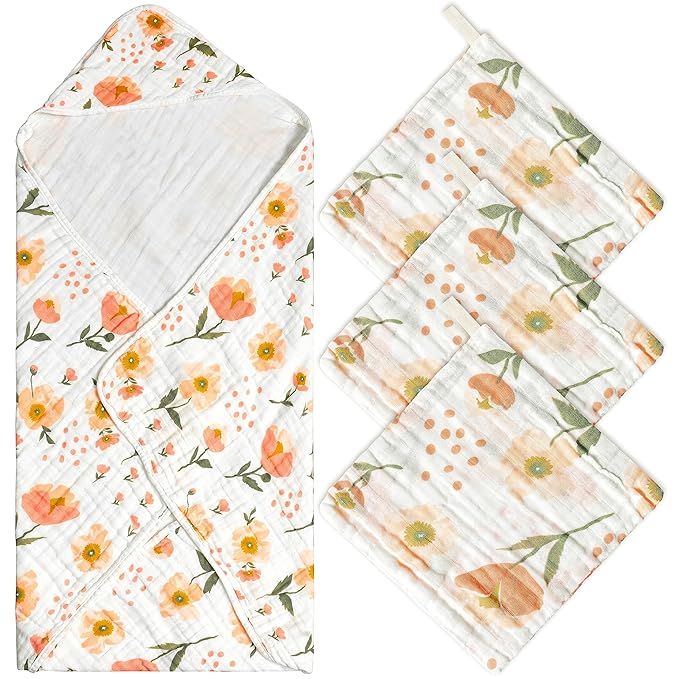 Zainpe 4Pcs Muslin Baby Hooded Towel & Washcloth Set Flowers 31.5 X 31.5 in