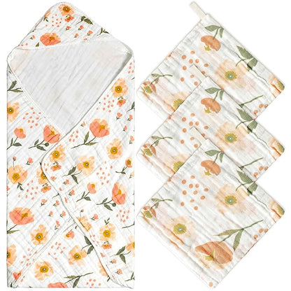 Zainpe 4Pcs Muslin Baby Hooded Towel & Washcloth Set Flowers 31.5 X 31.5 in