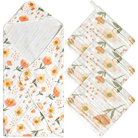 Zainpe 4Pcs Muslin Baby Hooded Towel & Washcloth Set Flowers 31.5 X 31.5 in