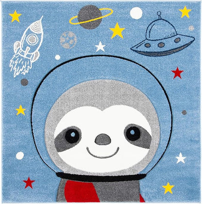 SAFAVIEH Carousel Kids Collection 6'7" Square Blue/Grey CRK140M Sloth Astronaut Non-Shedding Playroom Nursery Bedroom Area Rug
