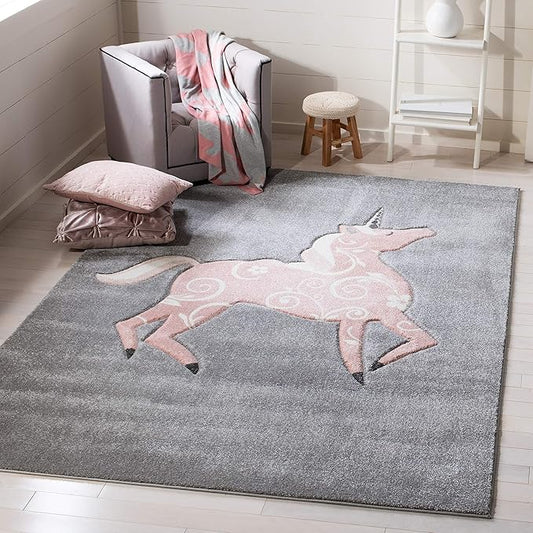 SAFAVIEH Carousel Kids Collection 3' Square Grey/Pink CRK163F Unicorn Non-Shedding Playroom Nursery Bedroom Area Rug