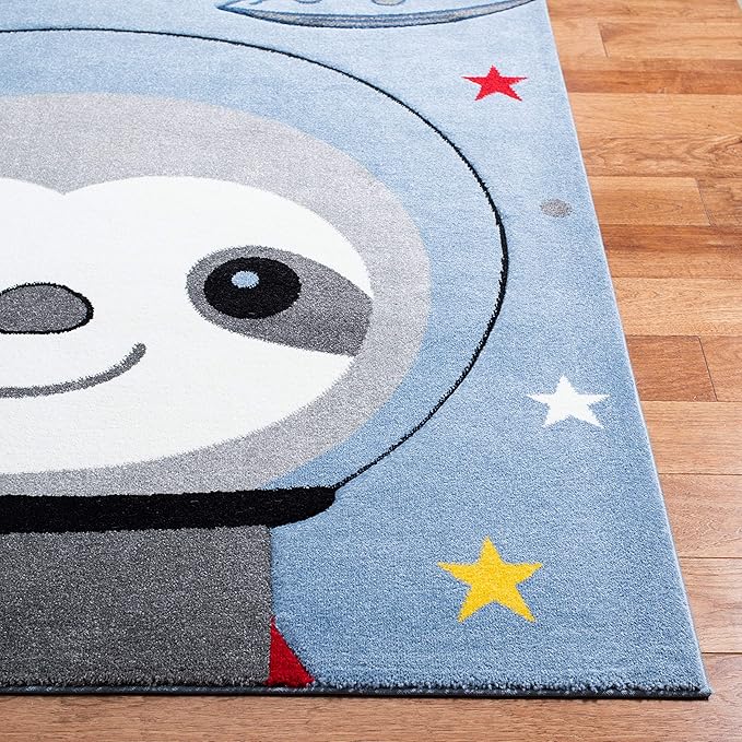 SAFAVIEH Carousel Kids Collection 6'7" Square Blue/Grey CRK140M Sloth Astronaut Non-Shedding Playroom Nursery Bedroom Area Rug