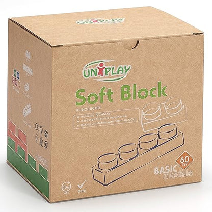 UNiPLAY Basic Soft Building Blocks — Cognitive Development Toy, Educational Blocks, Interactive Sensory Chew Toy for Ages 3 Months and Up (60-Piece Set)