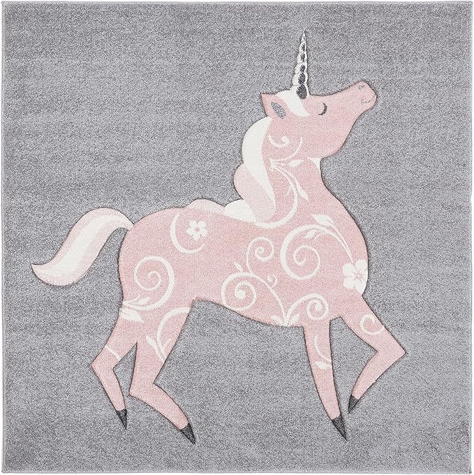 SAFAVIEH Carousel Kids Collection 3' Square Grey/Pink CRK163F Unicorn Non-Shedding Playroom Nursery Bedroom Area Rug