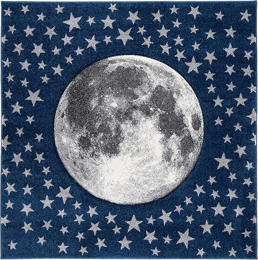 SAFAVIEH Carousel Kids Collection Area Rug - 5'3" Square, Navy & Grey, Non-Shedding & Easy Care, Ideal for High Traffic Areas for Boys & Girls in Playroom, Nursery, Bedroom (CRK135N)