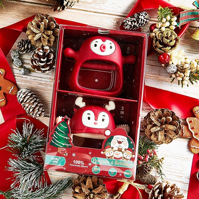 Baby Christmas Stocking Stuffers-Smily Mia Penguin Buddy and Reindeer 2 in 1 Christmas Gift/Toy Set for 0-12 Months Teething Babies, Teeting Mittens For Babies