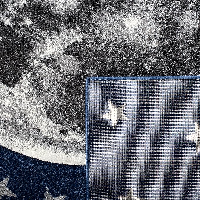 SAFAVIEH Carousel Kids Collection 8' Square Navy/Grey CRK135N Moon & Stars Non-Shedding Playroom Nursery Bedroom Area Rug